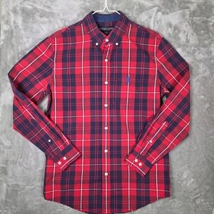 US Polo Assn Mens Red Navy Plaid Long Sleeve Button Down Shirt Size S